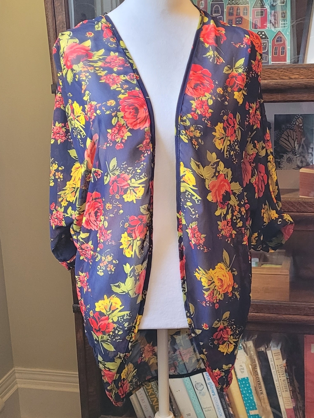 TeenBell Open Front Flowy Shirt with Red & Yellow Floral Print